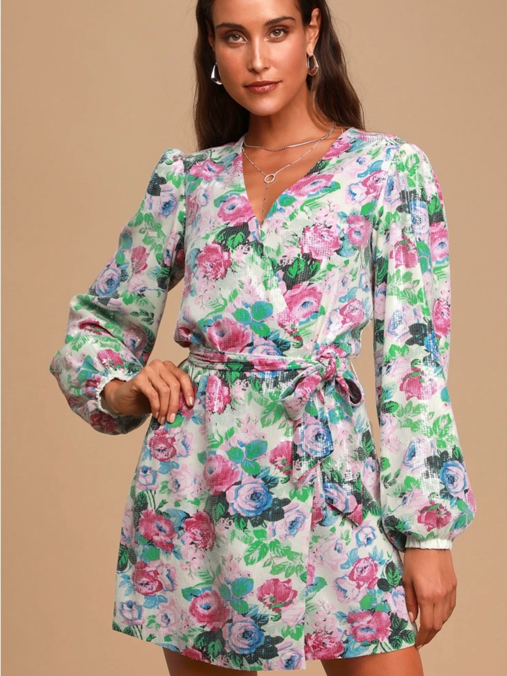 Floral Sequin Wrap Dress in Pink, Green & Blue